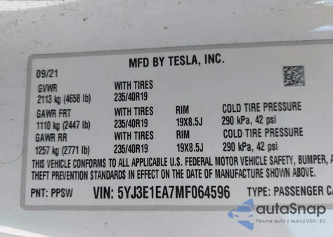 2021 Tesla Model 3 Standard Range Plus Rear-Wheel Drive из США, поврежденный, VIN 5YJ3E1EA7MF064596